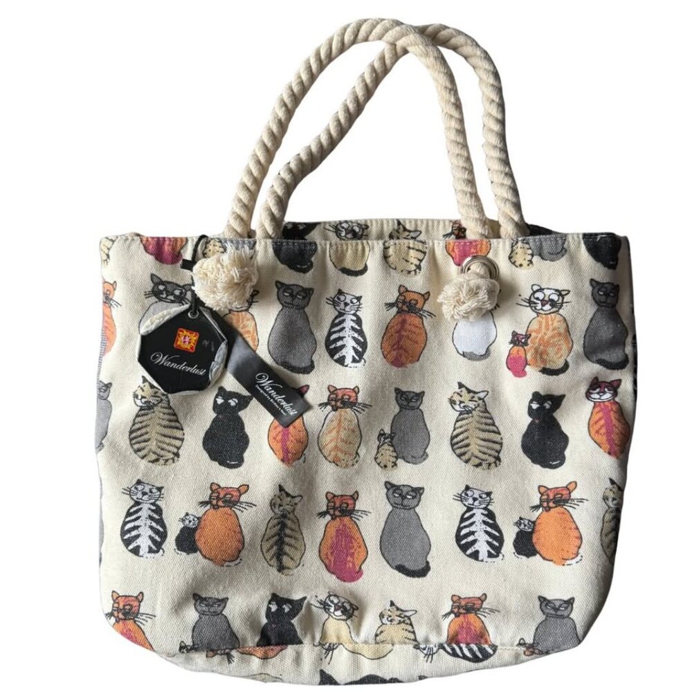 Wanderlust Cat Pattern Tote Bag with Rope Handles - Picture 2 of 5